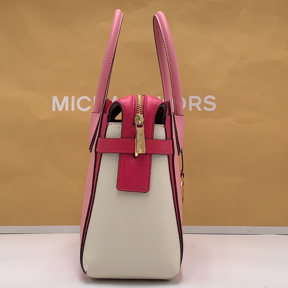 MICHAEL KORS Mercer Md Top ZipColor-Block Belted Satchel Crossbody Purse El Pink - Picture 6 of 16